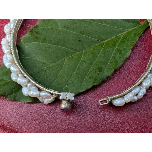 Vintage Gold Vermeil Pearl and Ruby Bangle Bracelet, Sterling Dowry Bracelet - Picture 6 of 10